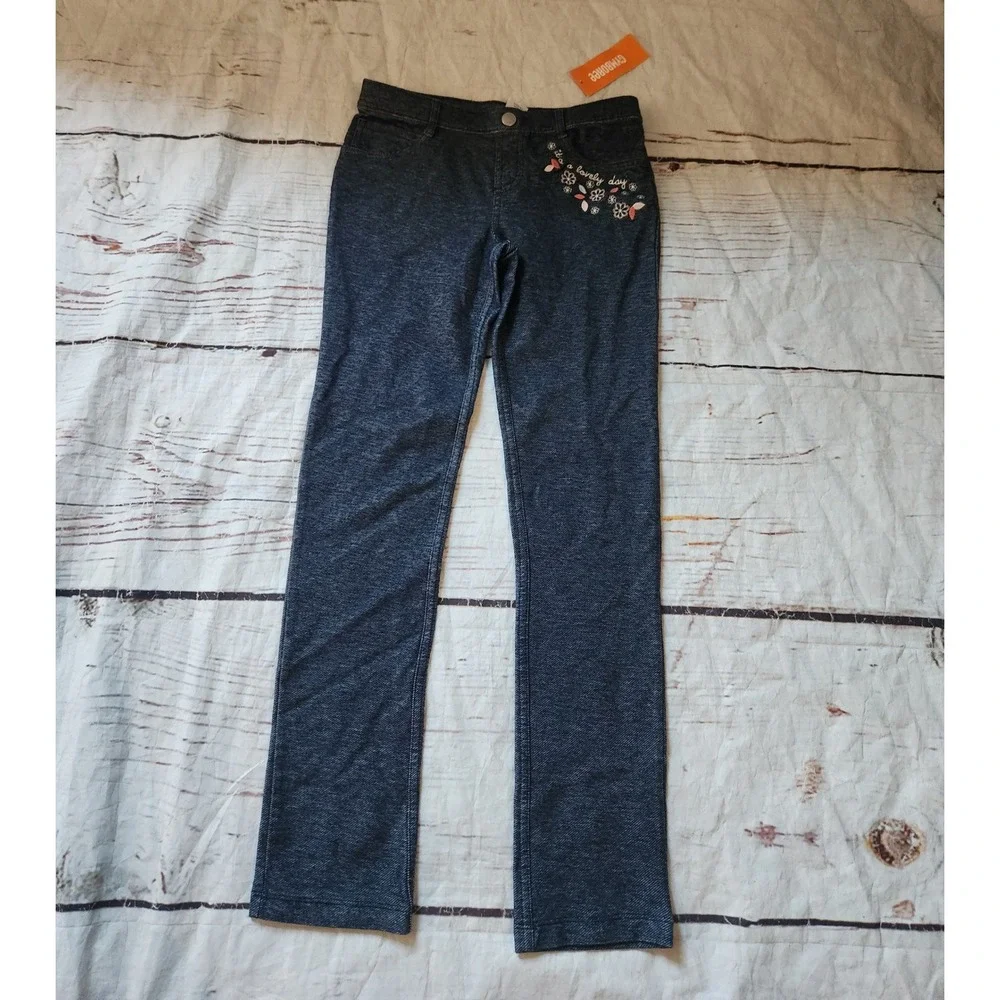 Gymboree Girls Size 12 Navy Blue Knit Denim Pants Floral Embroidery NWT